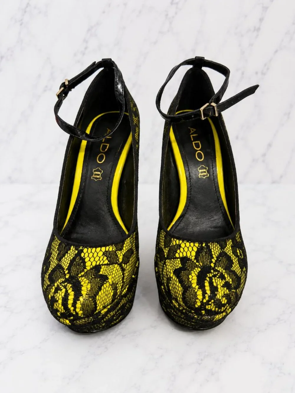 ALDO Yellow & Black Lace Platform Wedge Heels